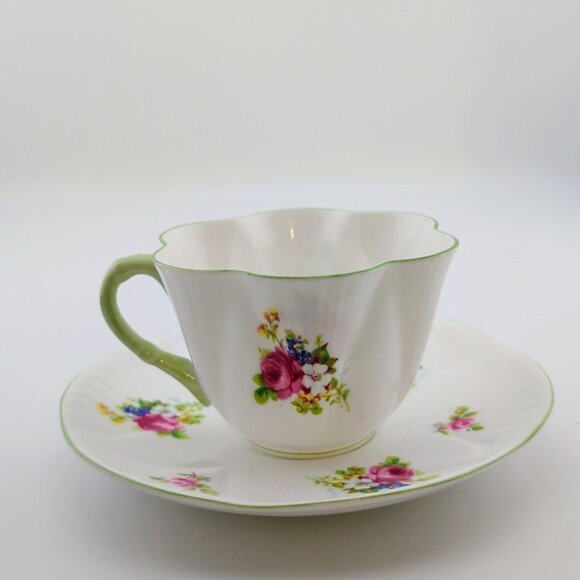 Shelley China Hulmes Rose Teacup & Saucer Dainty Shape Floral Design Green Trim - Picture 3 of 14